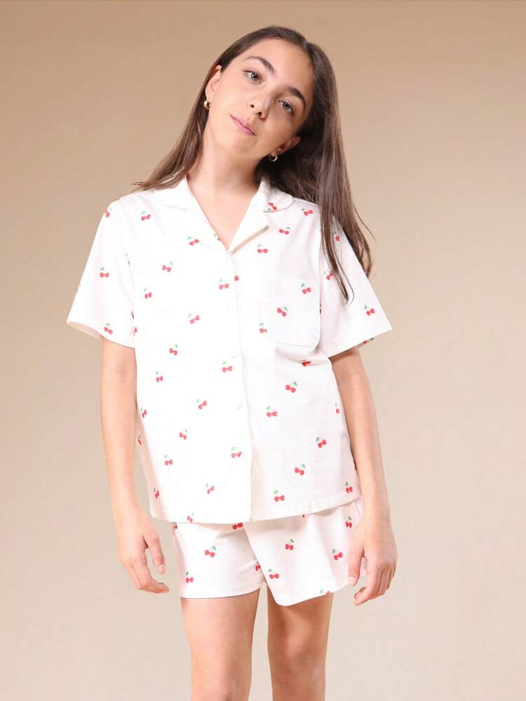 Cherry Print Button Front Pajama Set