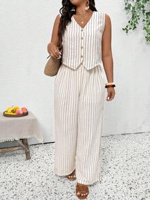 SHEIN Frenchy 大码女式休闲度假通勤条纹印花无袖背心和阔腿裤套装，春夏款 - 杏色 - 查看 2