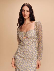 lacRébo Daisy Print Chiffon Long Sleeve Midi Dress With Cut Out Detail Spring Summer Boho Flower Dress Date Night Dress Vacation Dress French Style Parisian Style - Multicolor - View 4