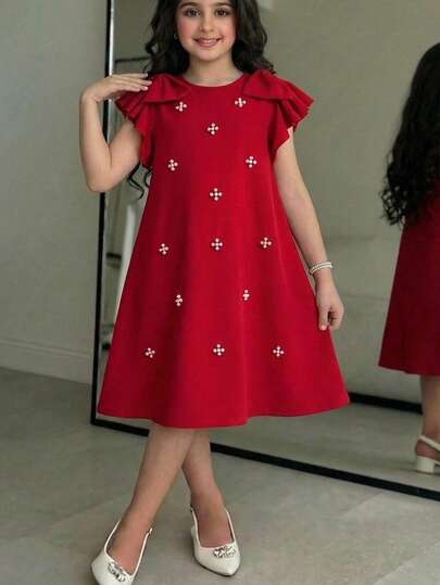 SHEIN فستان أنيق مزين بالخرز وأكمام قصيرة مع فيونكة، للربيع/الصيف، للفتيات المراهقات