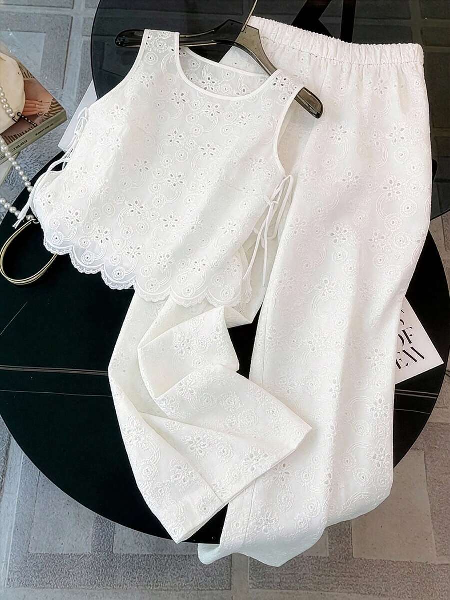 GlowEve CURVE Plus Size Women Hollow Out Embroidery Vest And Pants 2 Pieces Set, Suitable For Daily Commute - White - View 1
