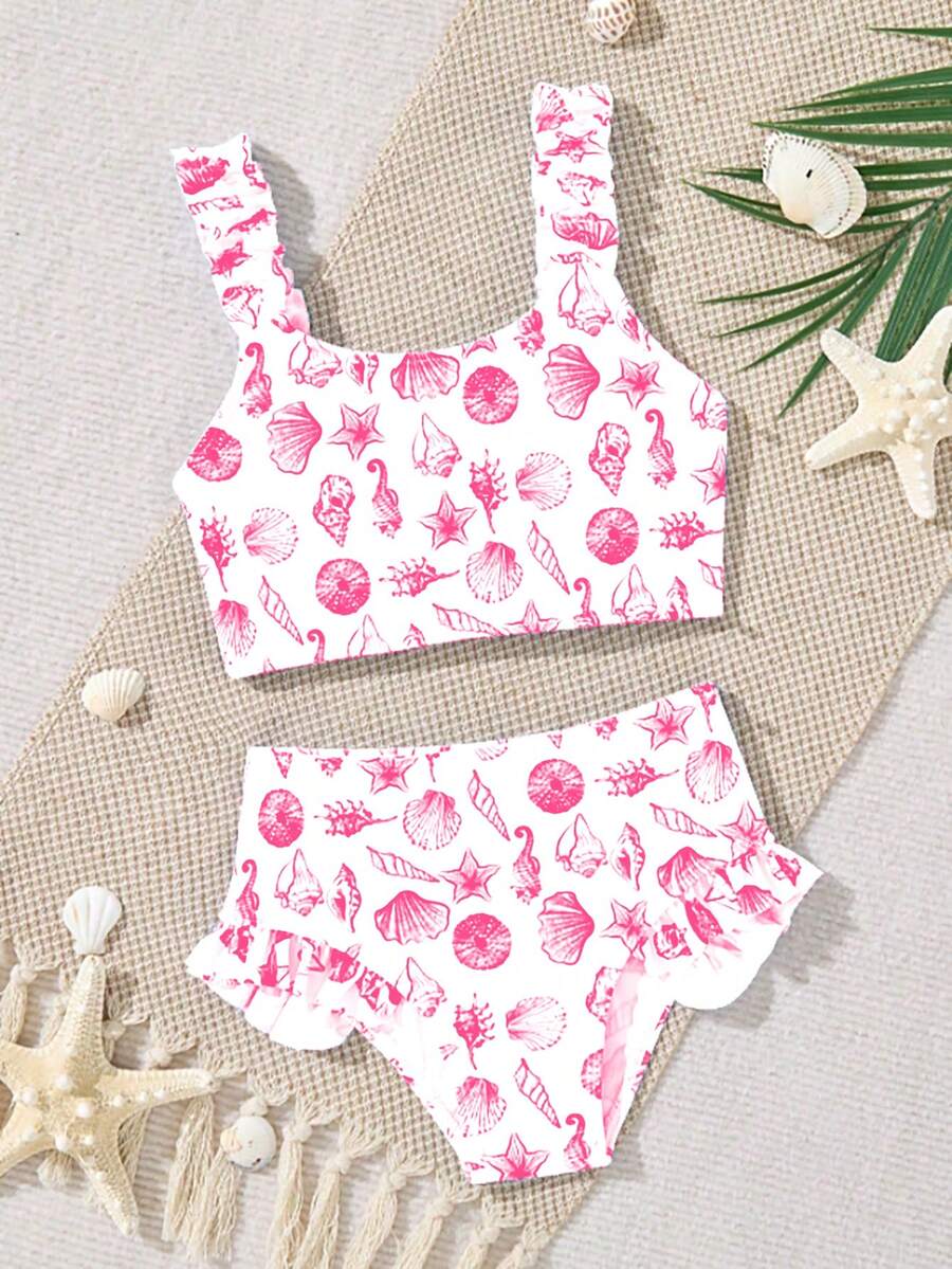 SHEIN 少女可愛印花海灘度假泳衣套裝 女孩兩件式泳衣 夏季兩件套 青少年泳衣 度假女孩2件套 - 粉色 - 查看 1
