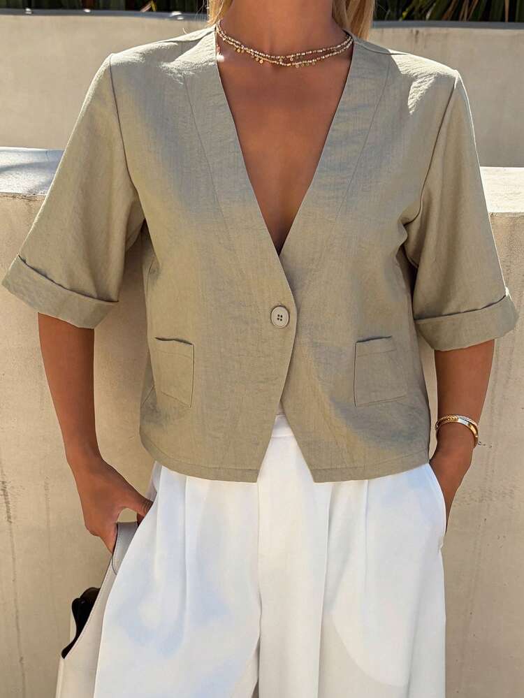 Women's Loose V-Neck Short Sleeve Pocket Casual Vacation Shirt, Solid Color Summer