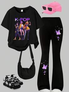 少女K-Pop明星及粉丝图案休闲舒适黑色短袖T恤和黑色喇叭裤套装 - 黑色 - 查看 2