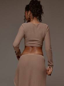 MUSERA Knit Brown Twist Front Long Sleeve Top Holiday Spring Summer Holiday Vacation Beach Ibiza Festival Party Elegant Divinity - Camel - View 2