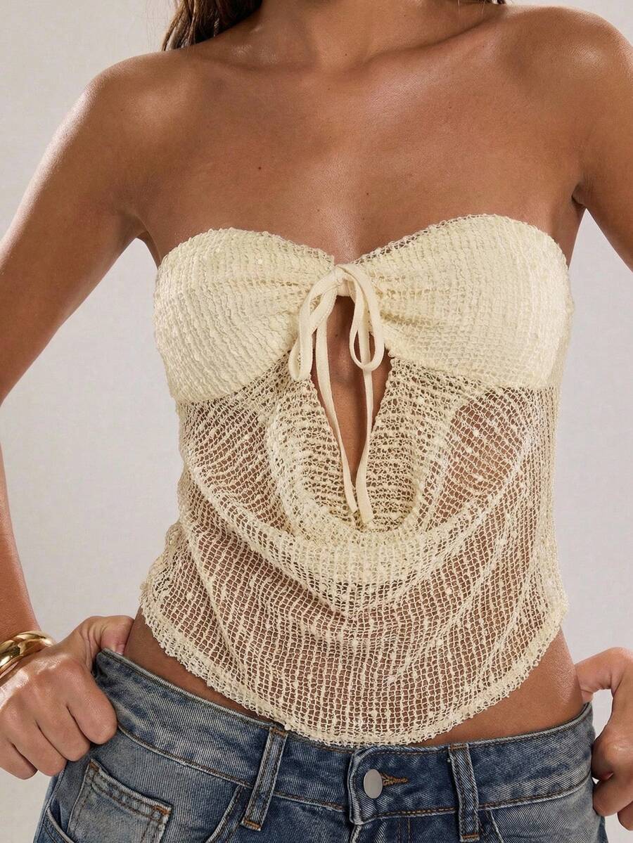 SHEIN BAE Women's Light Beige Summer Seksi Chic Beach Vacation Holiday Strapless Top,Solid Color Draped Sheer Twist Hollow Out Camisole Textured Birthday Party - White - View 1