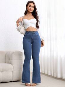 SHEIN Unity 女式休闲口袋紧身喇叭牛仔裤 - 中等水洗藍 - 查看 6