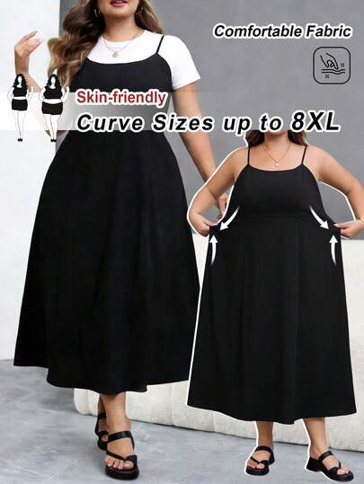 SHEIN CURVE+ Curve 尺码 US22 音乐节、海滨度假、波西米亚风黑色女士吊带 A 字长裙