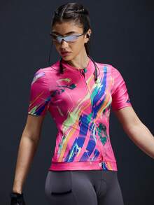 Powerista Women's Brush Print Zipper Collar Short Sleeve Cycling Jersey - Hot Pink - View 1