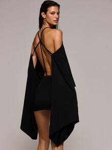 MUSERA High Neck Batwing Fitted Mini Dress Spring Summer Sexy Date Night Club Festival Holiday Night Out Vacation Soul Ties - Black - View 4