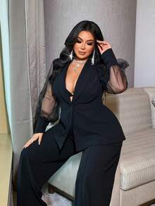 NU&NOW Conjunto de traje de talla grande con parches de malla transparente negra de diseño para ir al trabajo - Negro - Ver 1