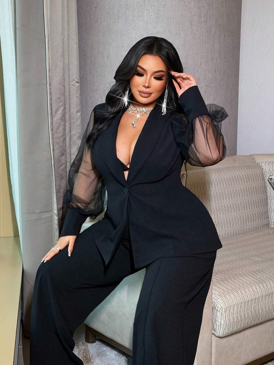 NU&NOW Conjunto de traje de talla grande con parches de malla transparente negra de diseño para ir al trabajo - Negro - Ver 1