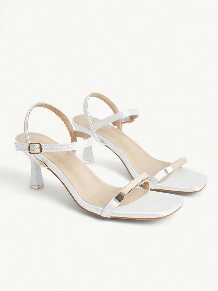 CUCCOO CHICEST Women Shoes Brown Square Toe Kitten Heel Sandals, Simplistic Commute Style Metal Strap Decor, Fashion Blogger Versatile For Christmas Valentine's Day Elegant Shoes