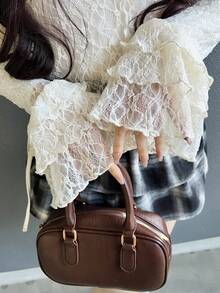 FRIFUL Áo croptop ôm sát cổ tròn dành cho nữ, chất liệu ren toàn thân, phối nhiều lớp bèo nhún ở cổ tay. - màu đen - Xem 1