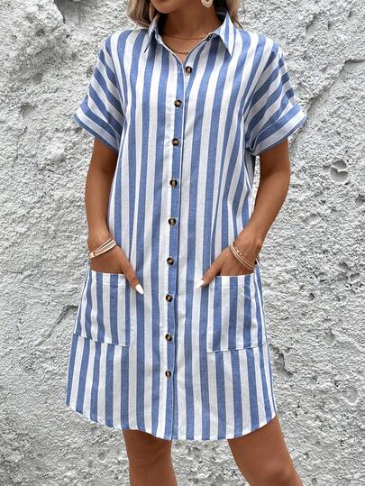 EMERY ROSE 大码夏季休闲条纹纽扣短袖连衣裙