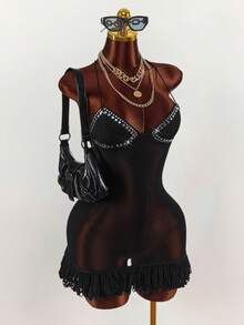 Amplova Vestido mini ajustado con cuello halter, tirantes finos y espalda descubierta para mujer - Negro - Ver 9