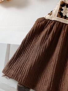 SHEIN Genkimix Kids 女童花卉钩编吊带上衣和钩编边短裤套装 - 棕色 - 查看 7