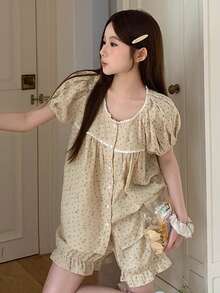 DAZY Summer Sweet Polka Dot Rabbit Print Contrast Trim Women Pajama Set - White - View 6