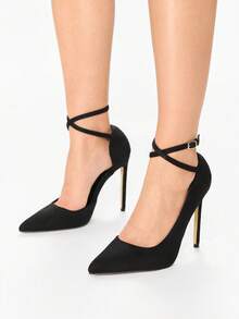 Glitzique 秋冬女士红色麂皮鹿毛缎带搭扣装饰细高跟鞋，2024新款，优雅，派对鞋 - 黑色 - 查看 6