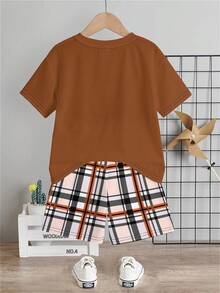 SHEIN Young Boy Casual Simple T-Shirt Set, Classic Cute Bear Graphic Print Backpack, Classic Plaid Pattern Print, Suitable For School, Cute Street Style - Multicolor - View 3