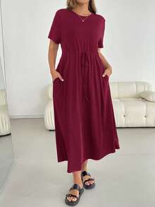 SHEIN Essnce Đầm hè cỡ lớn dành cho nữ, đầm tay ngắn, đầm đen, trang phục thường ngày cho nữ, đầm hè dự tiệc. - Màu Đỏ Sâu - Xem 5