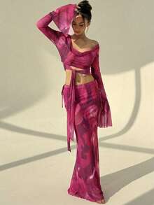 Aloruh 2pcs Women Tie-Dye Print Twist Front Long Sleeve Top And Skirt Set - Hot Pink - View 4