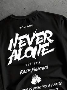 Manfinity ZONE917 Plus Size Men's Casual Slogan Printed T-Shirt, Summer Boxing Shirt Never Alone Shirt - Black - View 2