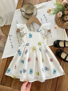 LMoss Kids LMoss Baby Girl White Summer Cute Birthday Dress,Butterfly Pattern Square Neck Ruffle Hem Casual Dress,Fleurora Elegant Spring Outfits For Toddlers - Multicolor - View 2