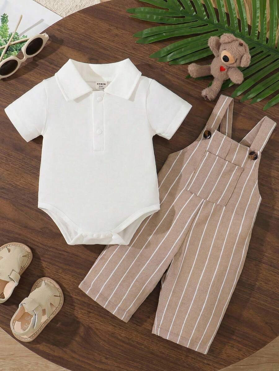 SHEIN Vintaside Kids 2件套男婴可爱格子印花短袖套装，春季 - 杏色 - 查看 1