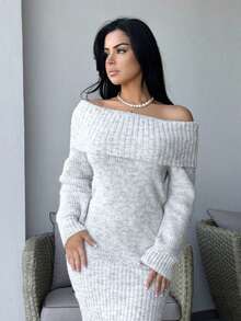 Vassilux 灰色露肩高领长袖迷你毛衣裙，上衣宽松下装紧身，适合年轻女士，秋冬 - 灰色 - 查看 7