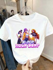 SHEIN Explorewe 1件可爱韩流女孩卡通人物印花宽松白色短袖上衣，适合青少年女孩，适合春、夏、秋、冬四季穿着，是送给女孩的完美圣诞礼物。 - 白色 - 查看 3