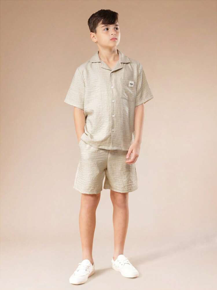 Boys Linen Feel Short Sleeve Button Down Shirt And Shorts Coordinating Summer Set With Chest Pocket Classic Collar Lightweight Natural Textured Fabric Two Piece Outfit