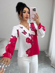 Elenzga 女士蝴蝶图案印花紫红色长袖衬衫，优雅适合春夏假期穿着 - 彩色 - 查看 1