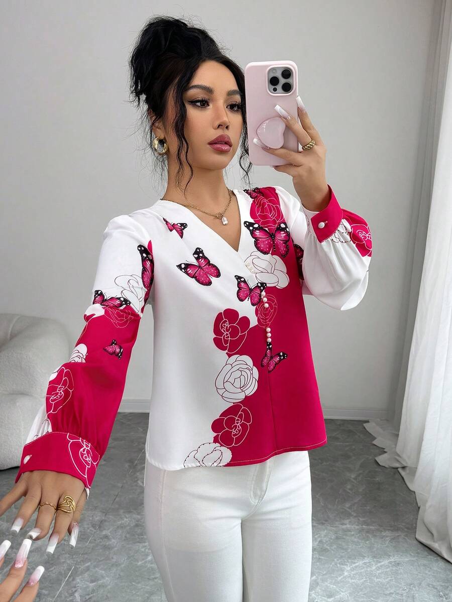 Elenzga 女士蝴蝶图案印花紫红色长袖衬衫，优雅适合春夏假期穿着 - 彩色 - 查看 1