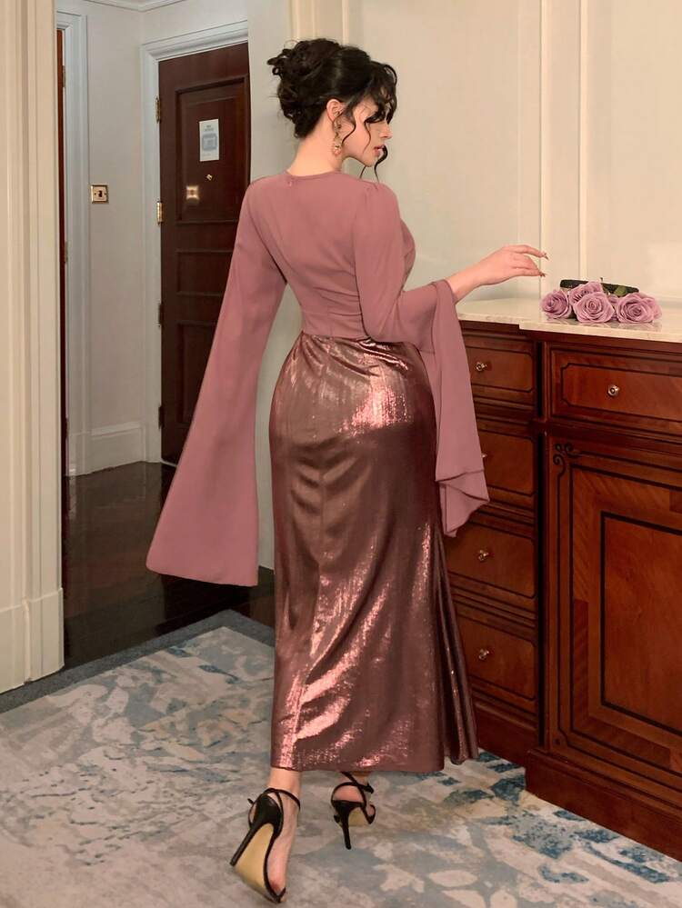 Women's Elegant Colorblock Pleated Petal Sleeve Mid-Length Dress, Spring/Summer,Wedding Guest Dress Women Sundress