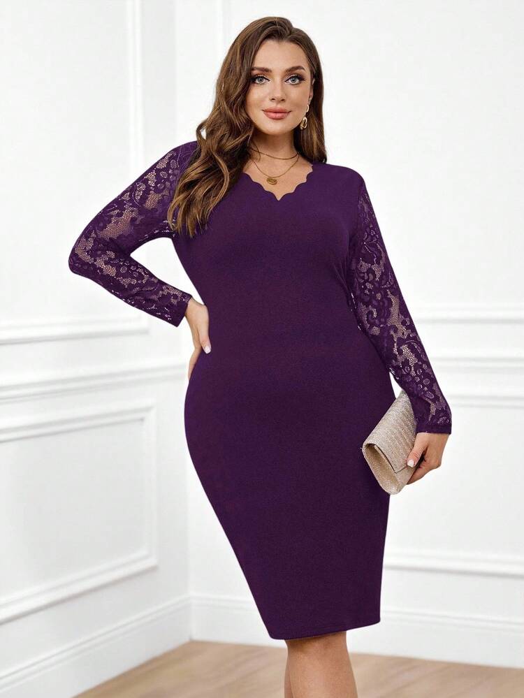 Plus Size Women's Fall /Winter Casual Elegant Party Solid Color Lace Patchwork Long Sleeve  Purple  Hip-Hugging Slim Dress,  Purple  Dresses Classy Elegant ,Dresses For Women Elegant Autumn/Winter,Fall Clothes For Women, Lace Dress,Winter Clothes For Women,Winter Dress , Elegant Dresses For Party,Party Outfit , Formal Dress For Women,Date Night Outfits Women,Night Out,Going Out Dress,Wedding Party Dress ,Plus Size Dress,Valentine's Day,Going Out Outfits,2026 New Clothes,Simple And Fashionable For Everyday Wear, Elegant Plus Size Dress, Long Sleeve Dresses Curvy, Long Sleeve Plus Size Dress, Plus Size Sexy Dress, Plus Size Lace Dress,Early Spring, Purple Plus Size Dress,Vacation Outfits Women ,Holiday Outfits For Women,Spring Outfit Women,Valentine's Day ,Valentine Outfits For Women