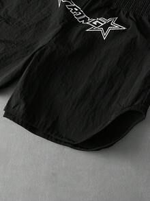 Manfinity Roghcode Men's Letter Print Boxing Shorts, Side Slit Sports Shorts, Fitness Shorts Black Graphic Shorts Gym Shorts Running Shorts Black Shorts - Black - View 4