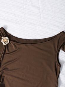 Teens' Brown Minimalist Urban Elegant Sleeveless Fitted Short Dress - Brown - View 5