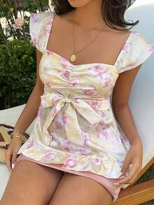 Sunnyshic 女士甜美可爱休闲度假日常风时尚街头派对优雅缎面印花方领衬衫，荷叶袖设计，完美契合春夏氛围 - 彩色 - 查看 7