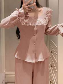 DAZY 2pcs Spring Women Sleepwear Set, Marl Knit Fabric Romantic Lace Trim Cardigan & Straight Leg Long Pants Pajamas - Baby Pink - View 5