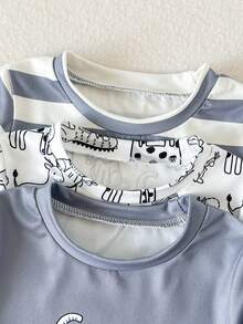 SHEIN 3pcs Toddler Casual Dinosaur Pattern Knit Set, Short Sleeve T-Shirt, Spring/Summer - Grey - View 3
