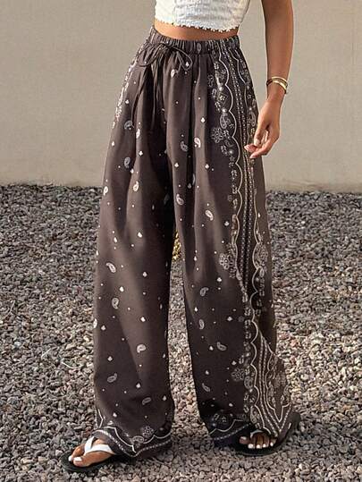 DAZY 印花宽松阔腿裤，松紧腰带配抽绳，女士休闲度假装，春夏款