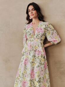 Anewsta Women's Floral Random Print V Neck Maxi Dress With Flared Hem Three Quarter Puff Sleeves And Wrap Details Made Of Multicolor Woven Fabric - Multicolor - View 3