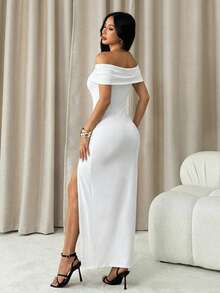 SHEIN PETITE 女士纯色简约露肩长连衣裙，休闲日常穿着 - 白色 - 查看 2