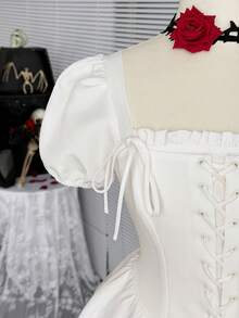 Coolane 女士秋冬音乐会服装 锐舞派对服装 节日外出锐舞服装 文艺复兴集市哥特风 Y2K 泡泡袖白色迷你连衣裙 - 白色 - 查看 2
