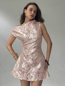 Aloruh 优雅纯色露肩无袖极简短款连衣裙，女士不对称肩部设计提花连衣裙，奢华派对及下午茶礼服，法式优雅公主裙，女士优雅夏日连衣裙，生日短裙，情人节连衣裙，婚礼季连衣裙，浪漫约会装扮连衣裙 - 粉色 - 查看 7