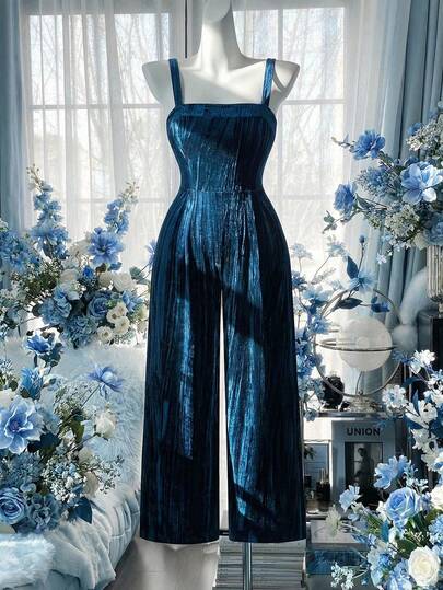 SHEIN MOD Plus Size Blue Pleated Velvet Wide Leg Jumpsuit, Vintage Elegant Jumpsuit. Elegant Party Wear For Spring/Summer.Plus Size Navy Blue Velvet Jumpsuit Wide Leg Pants Sleeveless Design Square Neckline Textured Finish Luxurious Feel Soft Sheen Fitted Waist Comfortable Fit Artistic Drape Elegant Look Chic Silhouette Deep Color Plush Surface Straight Cut Refined Style Classic Vibe Relaxed Wear
