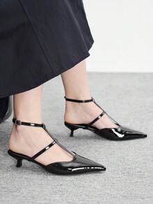 CUCCOO BIZCHIC Giày sandal nữ mũi nhọn, da bóng màu đen, kiểu dáng tối giản, quai chữ T, kín mũi, thanh lịch, phù hợp đi làm hàng ngày và hẹn hò buổi tối. - màu đen - Xem 4