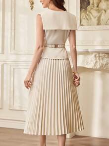 Vintamour 复古优雅女士两件套西装，背心上衣配纽扣腰带和百褶裙，休闲工作度假派对服装，夏季连衣裙，女士夏季度假服装，春季服装，女士春季连衣裙，女士春季服装，春假服装，春季服饰，优雅派对连衣裙，女士优雅派对连衣裙，女士婚礼宾客连衣裙，婚礼派对连衣裙，毕业礼服，优雅典礼礼服，女士优雅连衣裙，正式礼服 - 杏色 - 查看 6