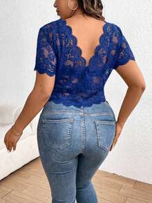 Firerie Plus Size Lace Hem Short Sleeve Summer Corset Black Top Cropped Top - Royal Blue - View 2